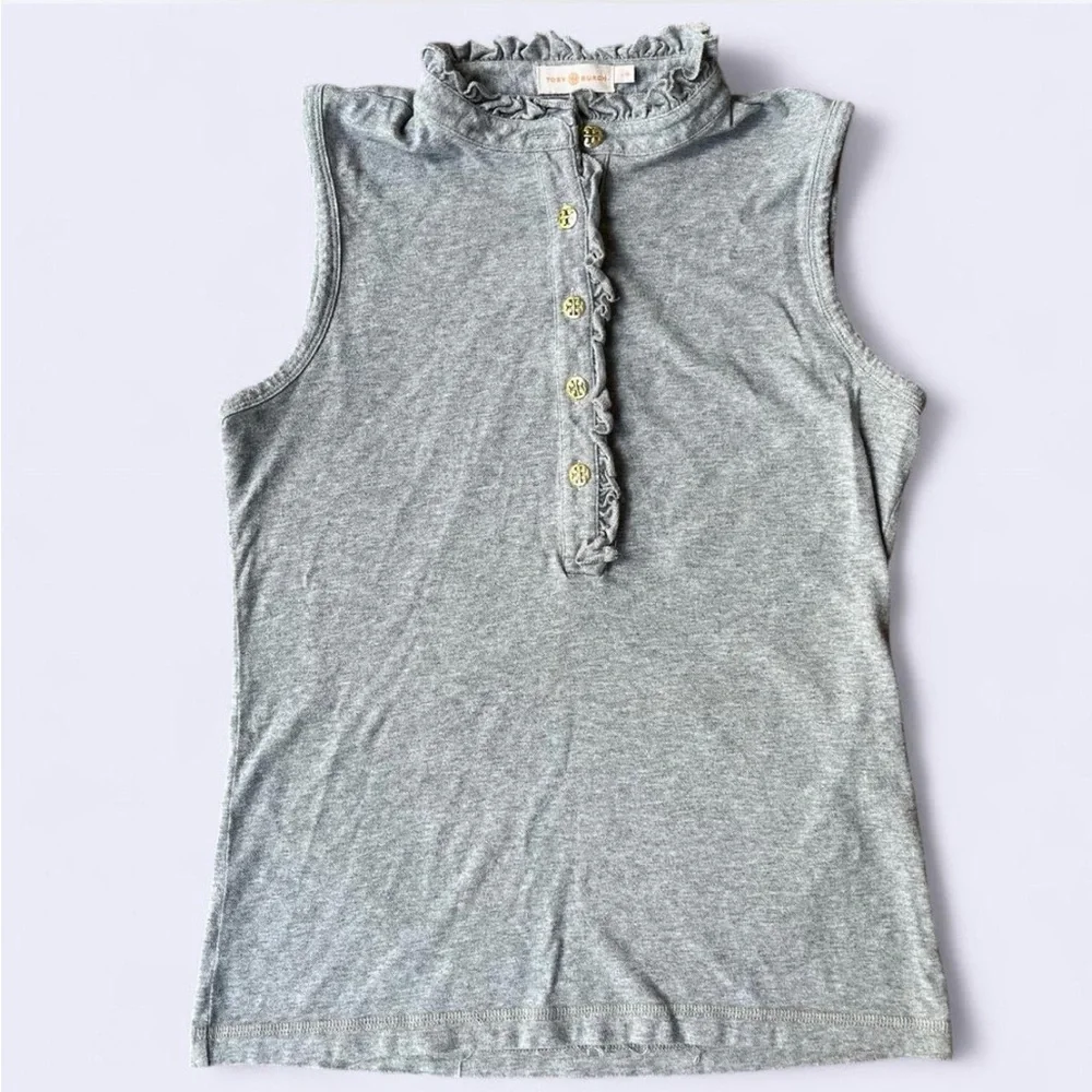 Tory Burch Lidia Grey Sleeveless Ruffle Top - Picture 1 of 3